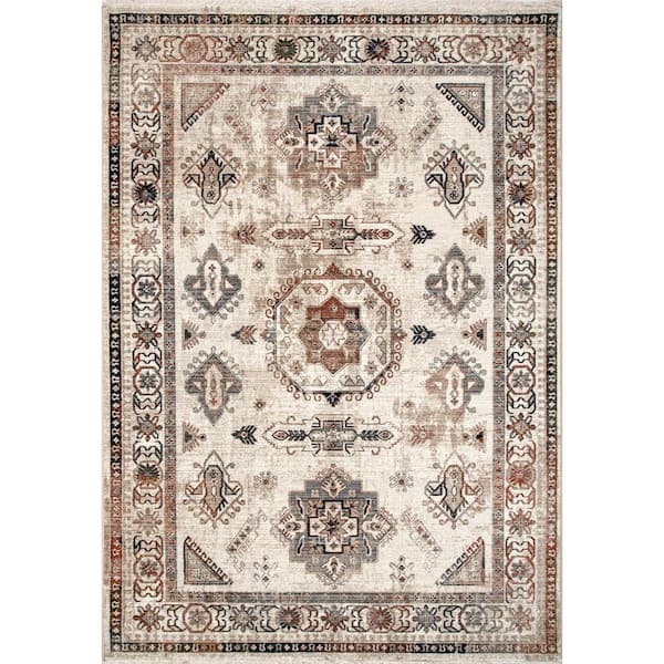 nuLOOM Carolina Fading Tribal Medallion Fringe Beige 5 ft. 3 in. x 7 ft. 7 in. Area Rug