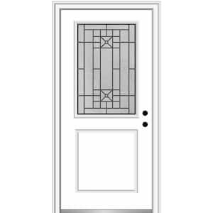 36 in. x 80 in. Courtyard Left-Hand 1/2 Lite Decorative Painted Fiberglass Smooth Prehung Front Door, 4-9/16 in. Frame