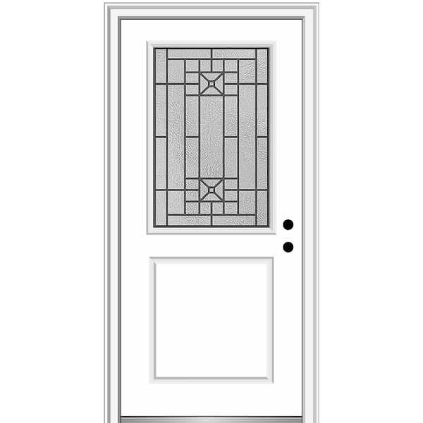 MMI DOOR 36 in. x 80 in. Courtyard Left-Hand 1/2-Lite Decorative Primed Fiberglass Smooth Prehung Front Door on 6-9/16 in. Frame