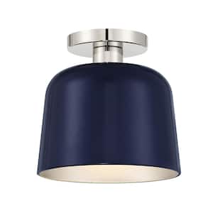 9 in. W x 9 in. H 1-Light Navy Blue with Polished Nickel Semi-Flush Mount with Metal Shade