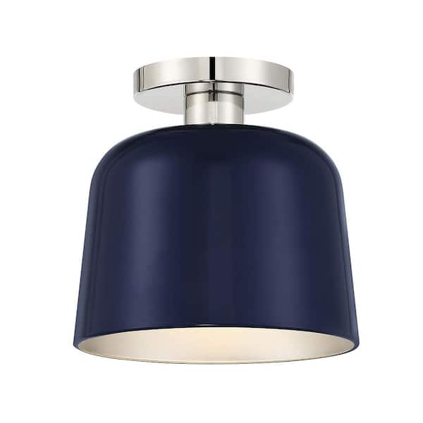 Savoy House 9 in. W x 9 in. H 1-Light Navy Blue with Polished Nickel Semi-Flush Mount with Metal Shade