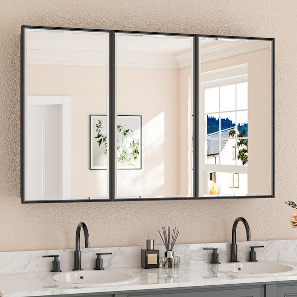 48 in. W x 30 in. H Rectangular Aluminum Black Framed Recessed/Surface Mount Medicine Cabinet with Mirror