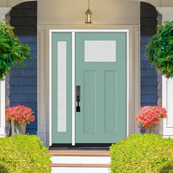 Legacy 53 in. x 80 in. 1/4 Toplite Rain Glass RHIS Primed Quarry Finish Fiberglass Prehung Front Door w/14 in. SL