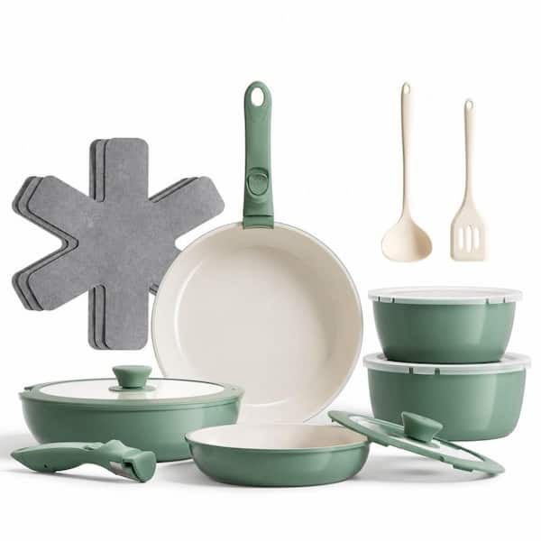 16 Piece Ceramic Nonstick Cookware Set for Camping, Non Toxic Cookware Set, PTFE Free, Dishwasher and Oven Safe, Green