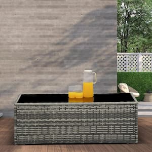 Modular Collections Grey Wicker Storage Box and Outdoor Coffee Table, Glass Top Wicker Table, Aluminum Frame