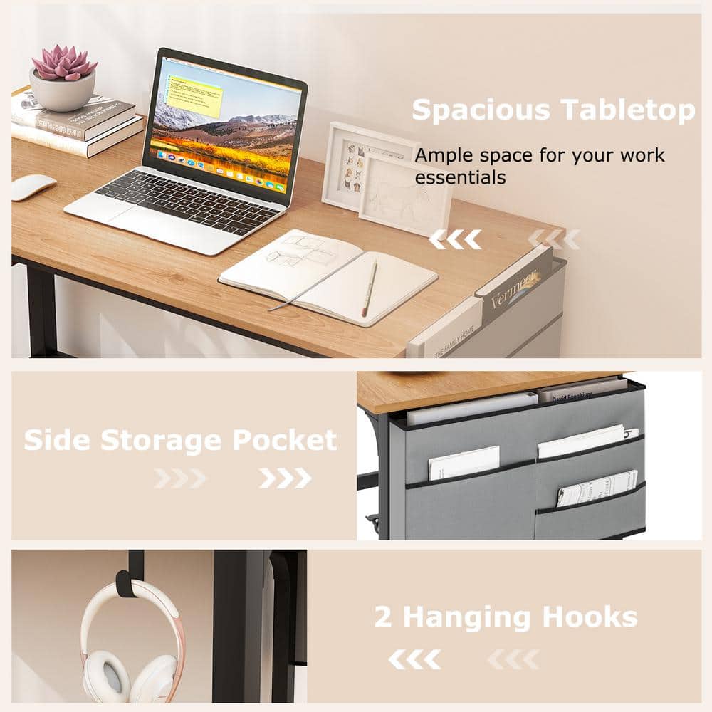 Modern Dark Brown Particleboard Rolling Computer Desk with Metal Frame