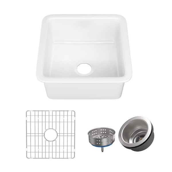 18 in. Fireclay Kitchen Sink White Bar Sink Single Bowl Dual Drop-in Undermount Small Kitchen Sink with Grid and Drain