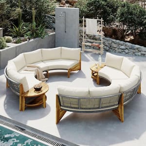 8-Piece Brown Wood Patio Conversation Set with Beige Cushions