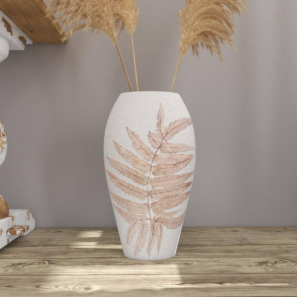 White and Beige Polystone Floor Vase with Leaf Design