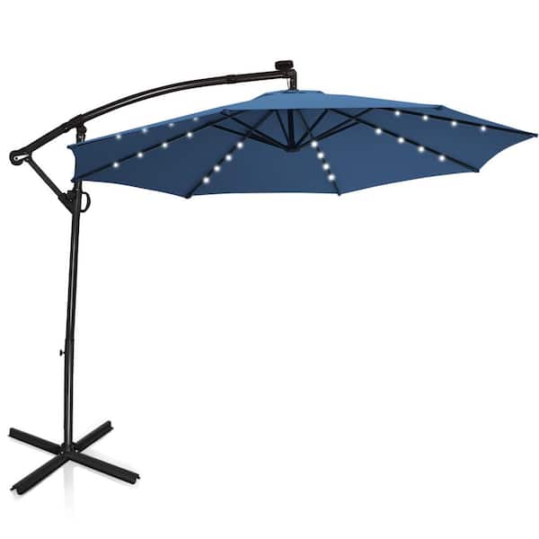 Gymax 10 ft. Metal Market Offset Hanging No Tilt Patio Umbrella with 32 Solar LED Lights in Blue