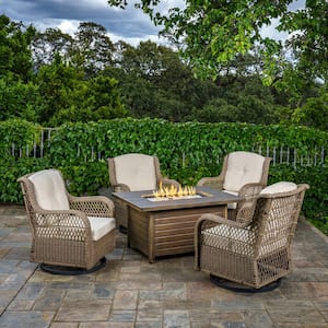 Rio Vista 5-Piece Wicker Swivel Chair and Outdoor Fire Pit Table Set (4 Wicker Chairs, 1 Fire Table) - Sandstone