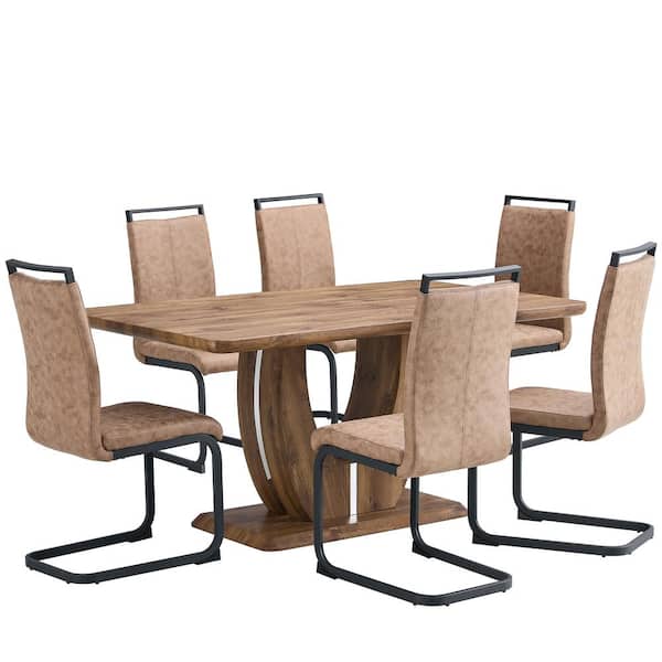 Polibi 7-Piece Modern Faux Marble Top Dining Table Set for 6 with 6 PU Leather Upholstered Chairs, Brown
