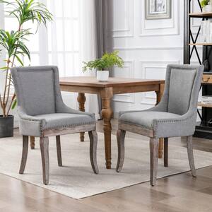 Gray Thickened Fabric Dining Chair with Neutrally Toned Solid Wood Legs， Bronze Nail Head，Set of 2