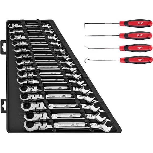 Milwaukee 144-Position Flex-Head Ratcheting Combination Wrench Set Metric with Hook and Pick Set (19-Piece)