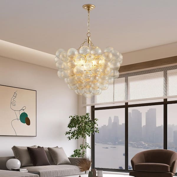 27.5 in. 6-Light Gold Pendant Light Chandelier with Threaded Clear Glass Globe Shade-Adjustable Height, No Bulbs