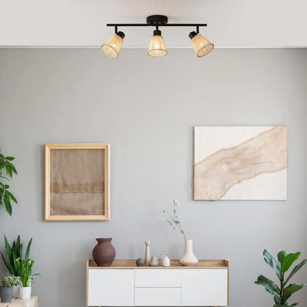 Japandi 1.8 ft. Matte Black Indoor Hard Wired Track Lighting Kit with Bamboo Shades Step Heads