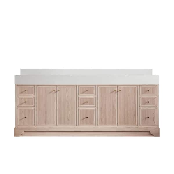 Manhattan Oak 84 in. W x 22 in. D x 36 in. H Double Sink Bath Vanity in White Oak with 5" White Quartz Top