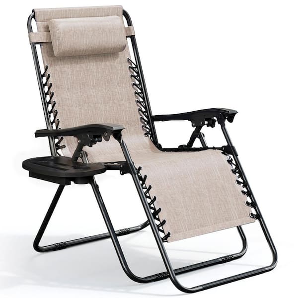 Beige Zero Gravity Chairs, Metal Outdoor Lawn Chair with Pillow and Cup Holder Tray