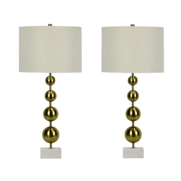 Pair of 29.5 in. Soft Gold Metal and Marble Column Table Lamps with Designer Shades