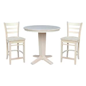 Aria 3pc 36 in. x 48 in Oval Solid Wood Dining Set Unfinished Counter Height Pedestal Dining Table with 2 Emily Stools