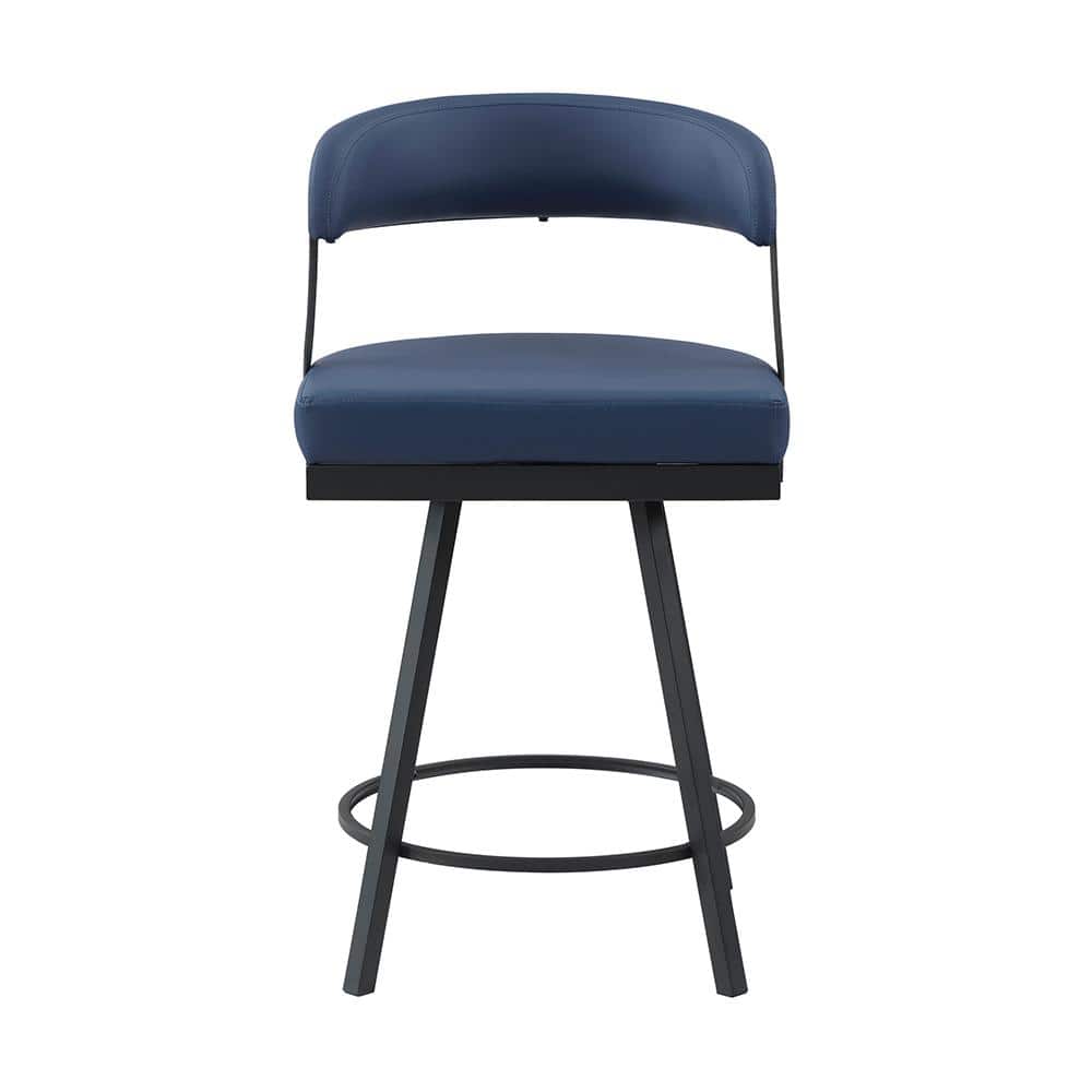 Blue Faux Leather Swivel Counter Height Stools with Black Metal Frame, Set of 2