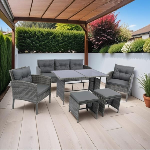 Harper & Bright Designs 6-Piece Gray Wicker Patio Conversation Set with Tempered Glass Table and Dark Gray Cushion