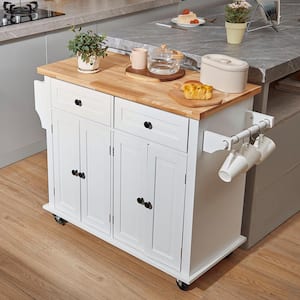 Kitchen Cart 35.4 in. Mobile Storage Cart with Solid Wood Top, Rolling Kitchen Table, Portable on Wheels, White