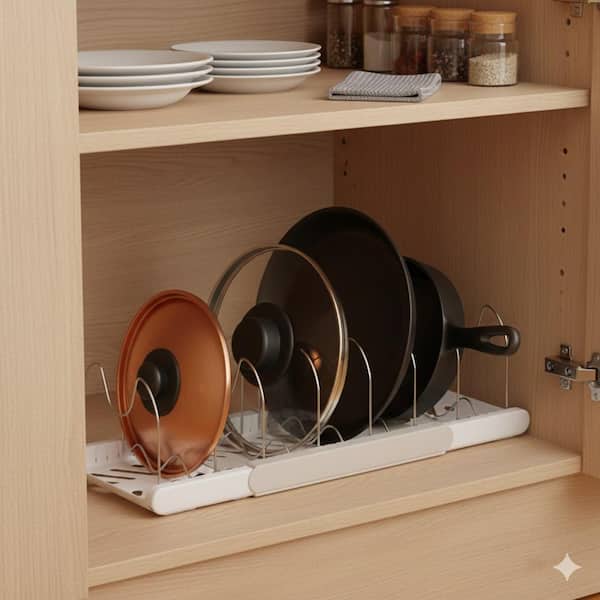 White Standing Expandable Pan Baking Frying Rack Pot Rack w/ 7 Adjustable Compartments for Cabinet Lid Holder Organizer