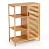 Costway 26 in. W x 13 in. D x 34.5 in. H Brown Wood Bathroom Storage Floor Linen Cabinet with Single Door and 3 Open Shelves JZ-10N013NA