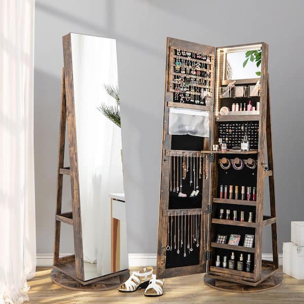 Gymax Jewelry Cabinet Large Full Length Armoire 2-in-1 Stand Mirror Organizer