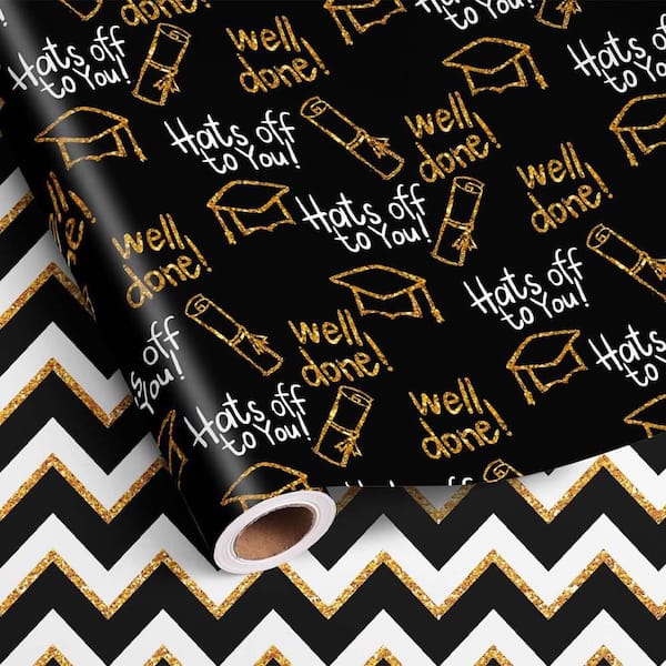 N/A Graduation Wrapping Paper Set Reversible Black Gold Cap Wavy Stripes Total 28.5 sq.ft. for Party Celebration