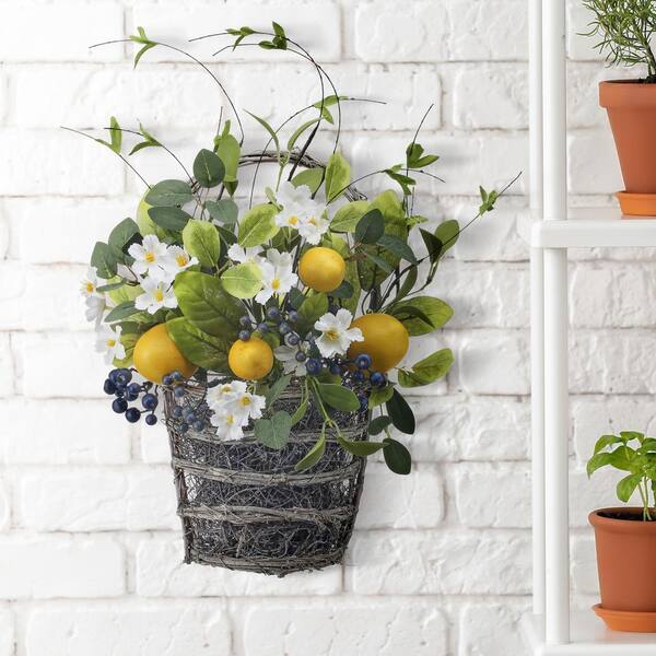 Regency International 15 in. Yellow and Blue Artificial Flowering Lemon and Blueberry Wall Basket.