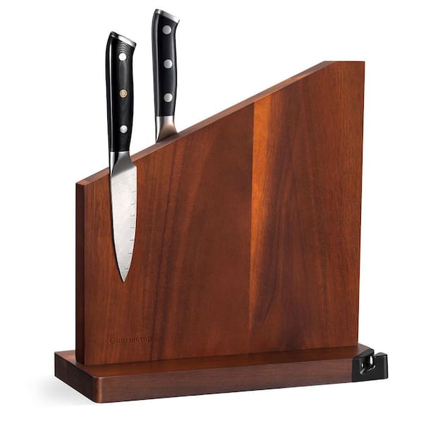 12-Knife 9.8 in. Acacia Wood Double-Sided Magnetic Block with Built-In Sharpener for Kitchen Countertop Organization