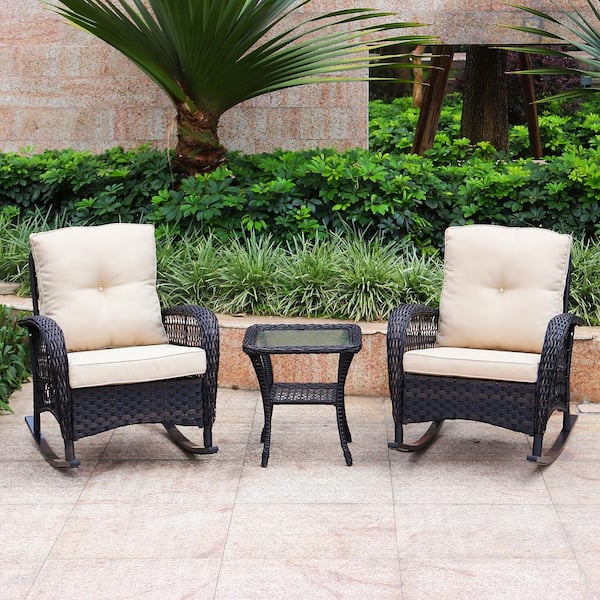 Maypex 3-Piece Wicker Rocking with Cushions Patio Conversation Set - Dark Brown