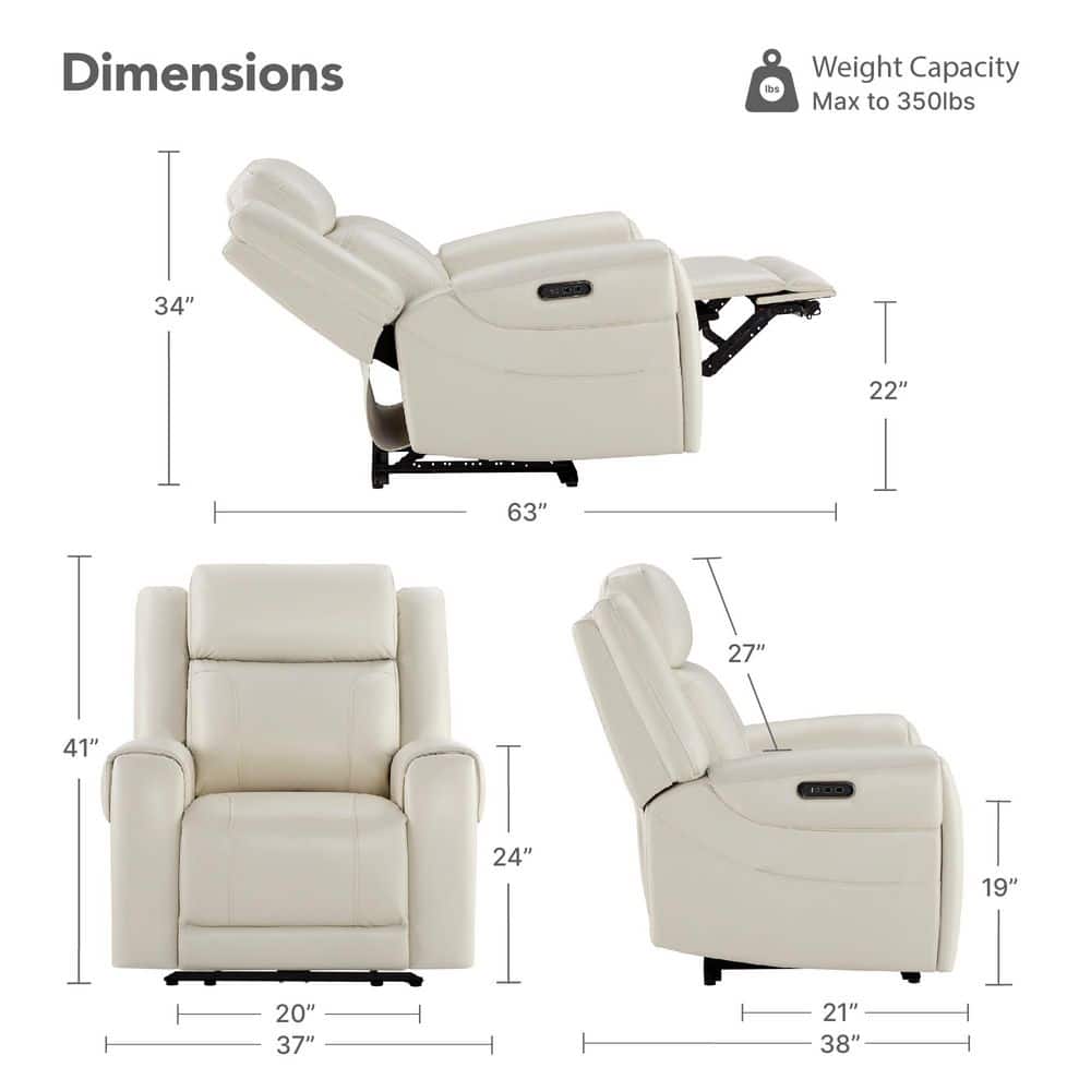 Rhea Dual Motors Cream Genuine Leather Wall Hugger Power Recliner with Cup Holders, Side Pockets, USB&Type-C Ports - thumbnail 3