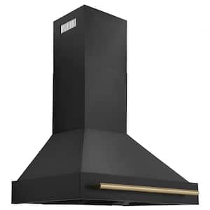 36 in. 700 CFM Ducted Vent Wall Mount Range Hood with Champagne Bronze Handle in Black Stainless Steel