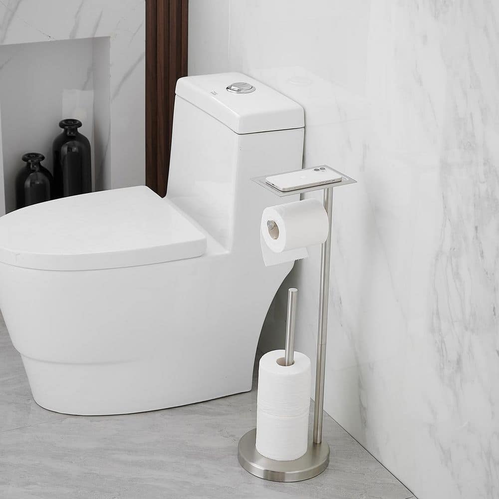 Brushed Nickel Freestanding Toilet Paper Holder with Storage Shelf
