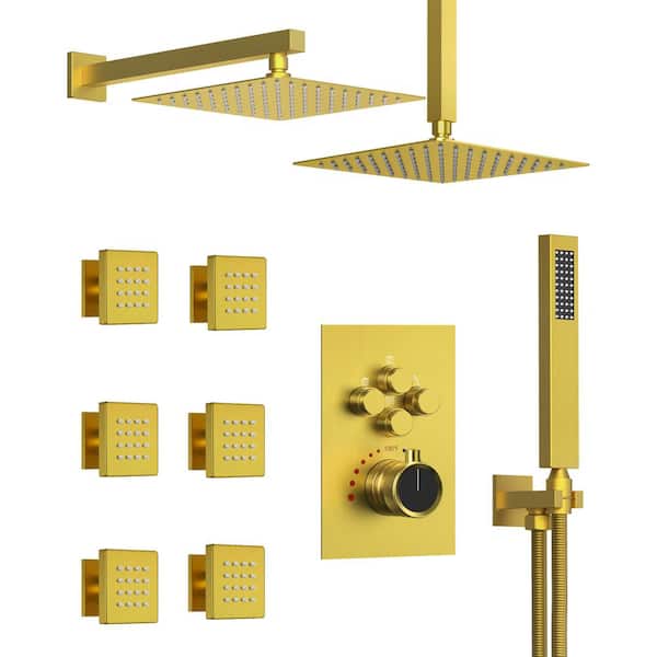 15-Spray Dual Showerheads Wall Mount 12 in. Fixed and Handheld Shower Head 2.5 GPM in Brushed Gold Valve Included
