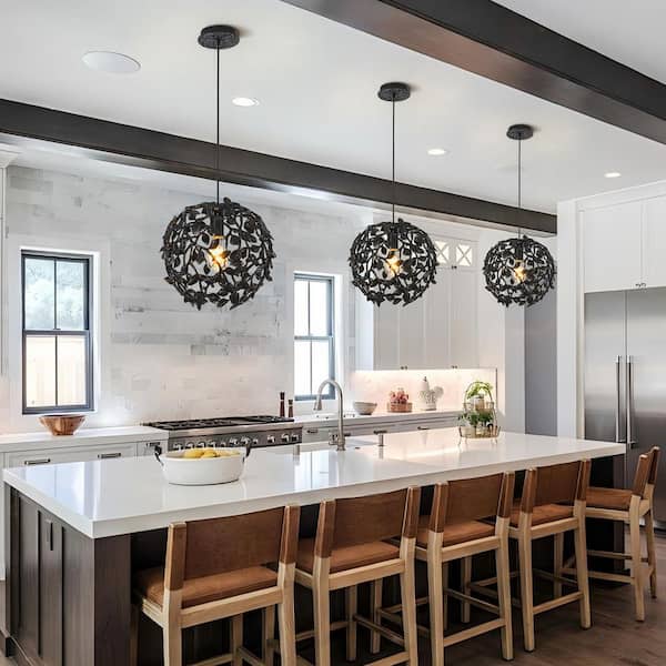 13.8 in. 1-Light Black Round Tree Branch Kitchen Island Pendant Light, Spherical Leaf Pendant Lighting for Dinning Room
