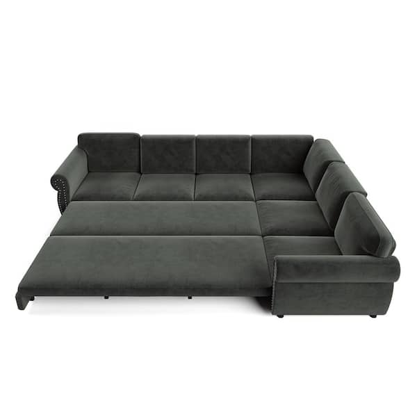 Oversize Convertible 118 in. Chenille Sectional Sofa in. Dark Gray with Nail head Trim, Pull-out Sofa Sleeper