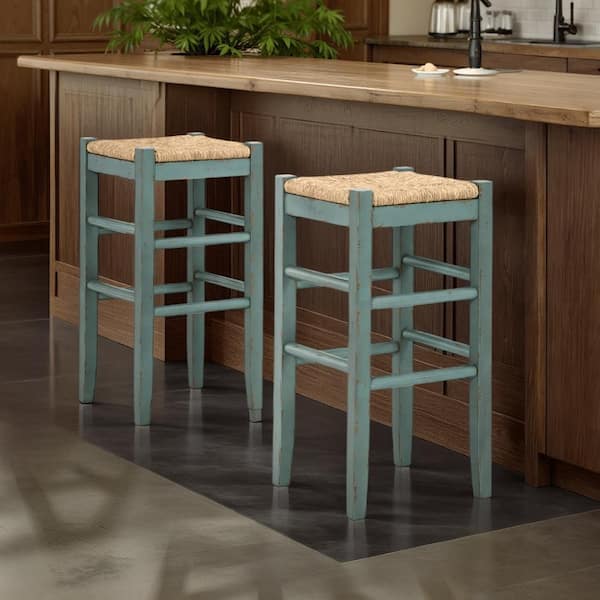 Anya Antique Blue and Brown Wood Frame Bar Height Stool (Set of 2)
