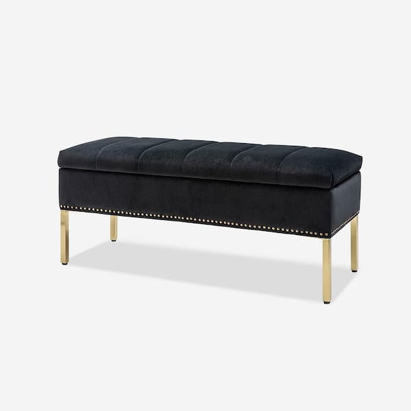 JAYDEN CREATION Eduard Black 46.5 in. W Upholstered Flip Top Storage Bench with Nailhead Trim and Metal Legs