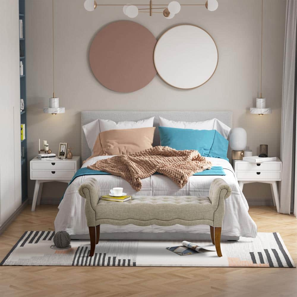 Elegant Beige Linen Tufted Bedroom Bench with Rounded Arms