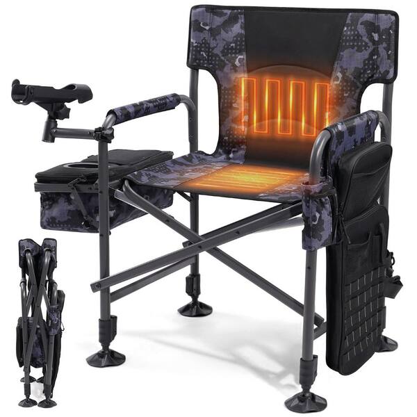Justincity Heavy Duty Folding Ice Fishing Chair Black Camouflage Alloy Steel Heated Fishing Chair with Rod Holder Cooler