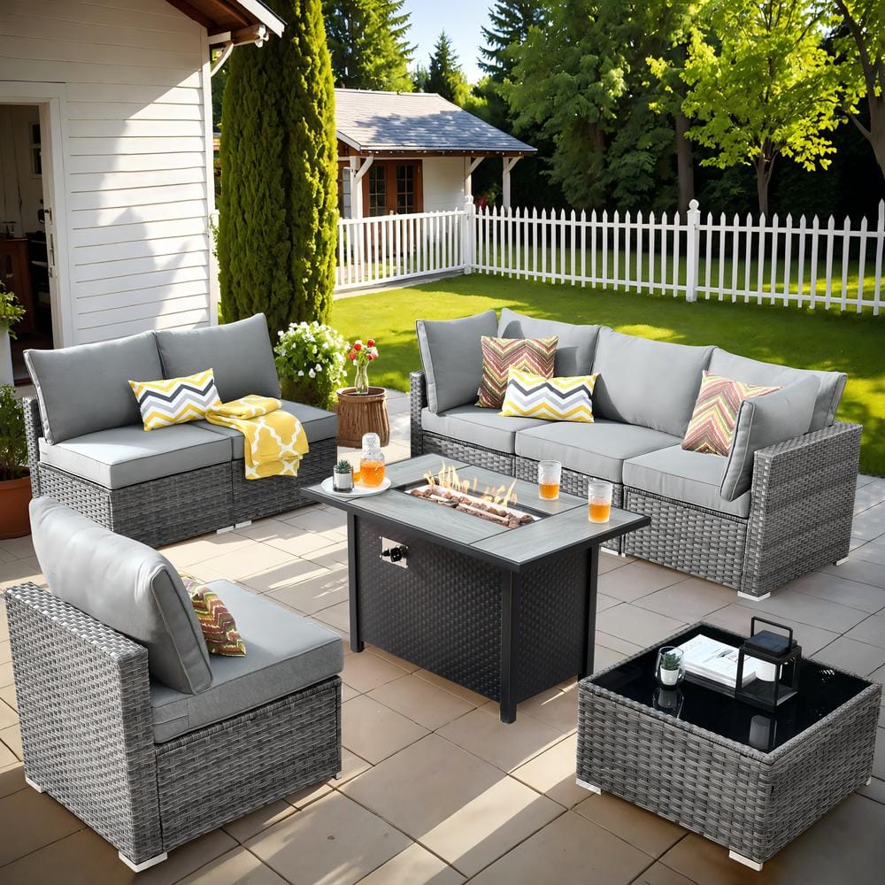 Helene Gray 8-Piece Wicker Outdoor Patio Conversation Sectional Sofa Set with a Metal Fire Pit and Dark Grey Cushions -  HOOOWOOO, MFP-HP200-8