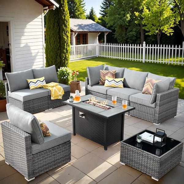 Helene Gray 8-Piece Wicker Outdoor Patio Conversation Sectional Sofa Set with a Metal Fire Pit and Dark Grey Cushions