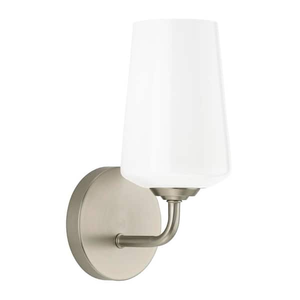 Celino 5 in. 1-Light Brushed Nickel Bathroom Wall Sconce Light with White Glass Shade