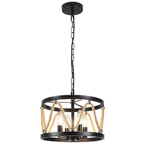 4-Light Black Drum-Shaped Chandelier with Hemp Rope for Kitchen Living Room with No Bulbs Included