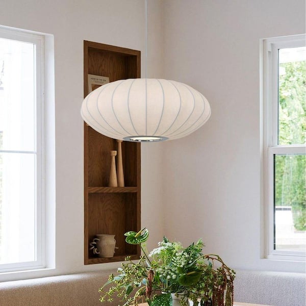 60-Watt 1-Light White Silk Shade Pendant Light for Dining Room Bedroom Kitchen, Dia 15.7", E26 Bulb Base