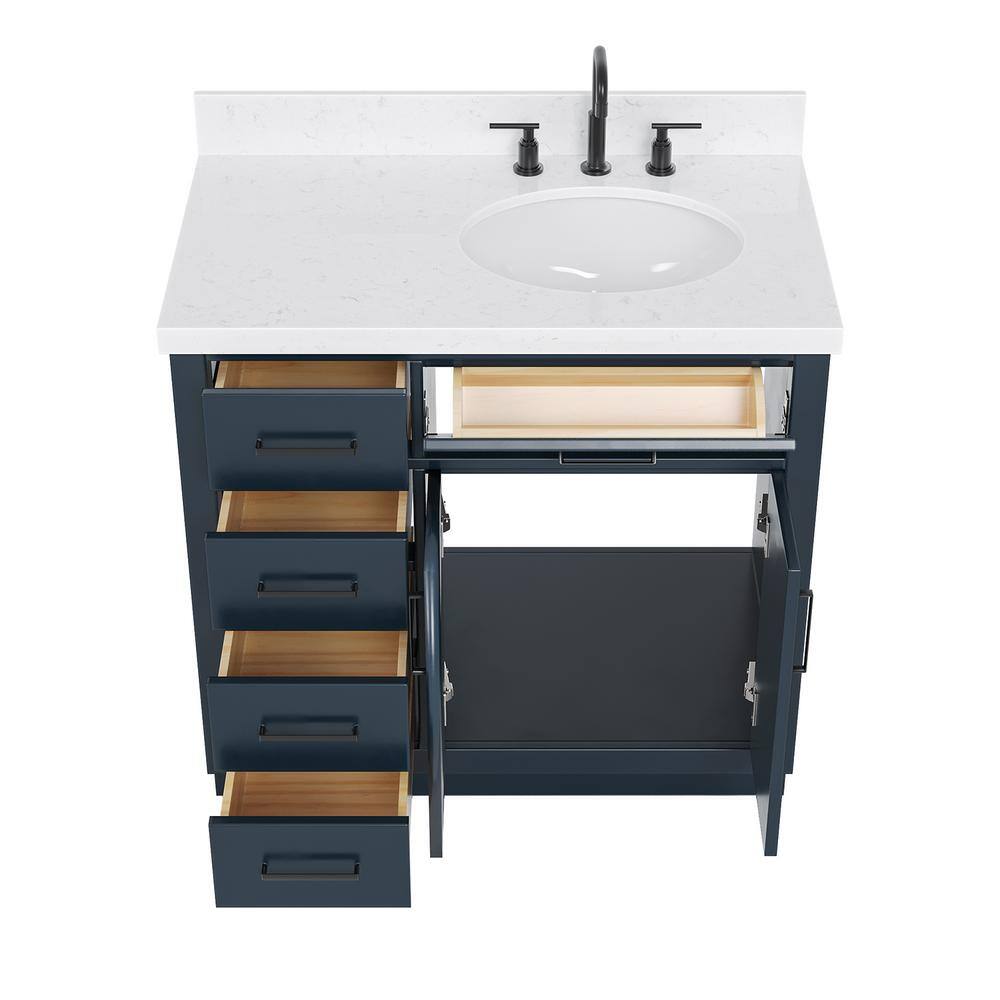 Midnight Blue Hardwood Freestanding Single Sink Vanity with Quartz Top